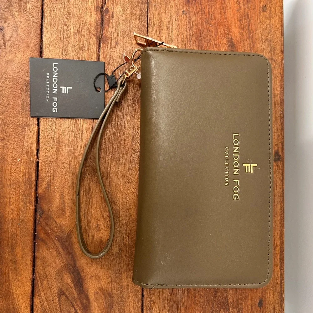 London Fog Collection Olive Green Wristlet Wallet Gold Tone Hardware NWT